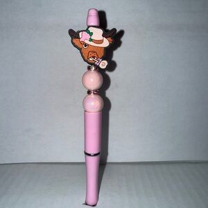 Handmade Beaded Pen- Highland Cow in cowboy hat with marble resin beads